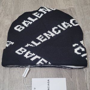 Balenciaga Archtype Allover Logo Beanie Hat in Black and White Wool Hat